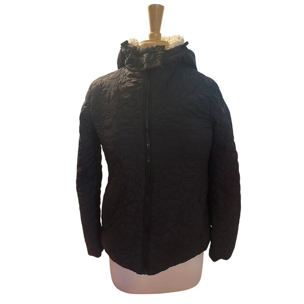 Women XS Disney Black Quilted Mickey Mouse Icon Sherpa Fleece Lined Jacket Coat - Picture 2 of 7
